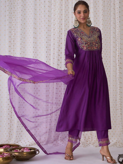 Women Ethnic Motifs Embroidered Anarkali Kurta with Trousers & Dupatta