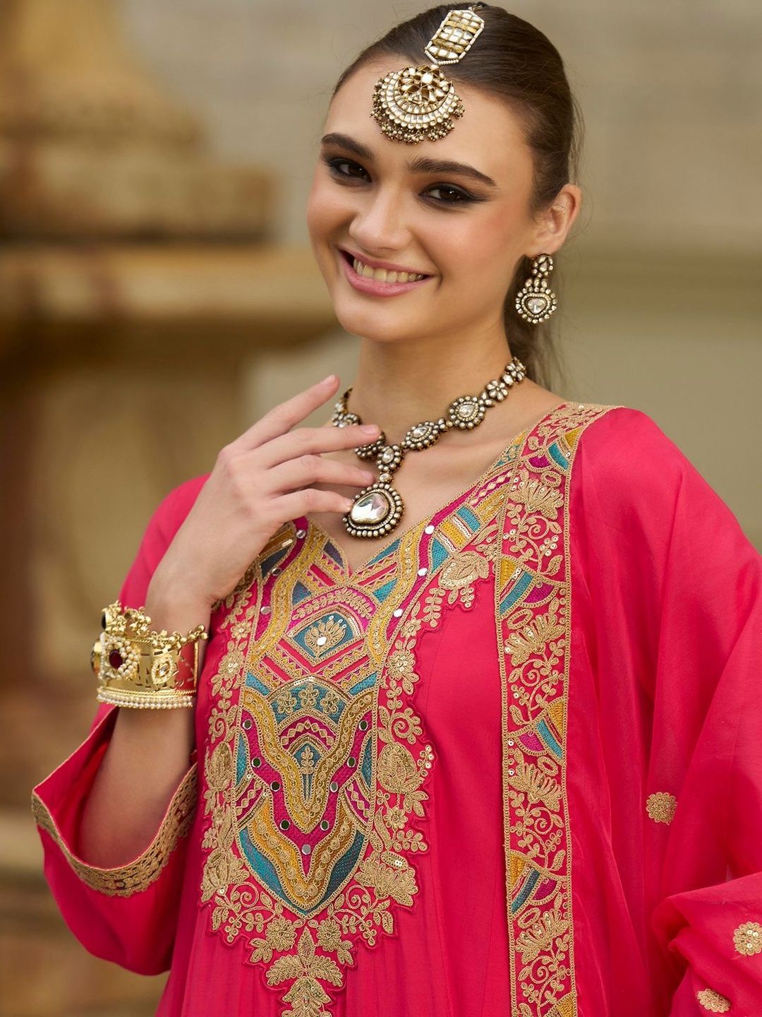 Women Geometric Embroidered A-Line Kurta with Trousers & Dupatta