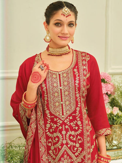 Dhiyona IE Ethnic Motifs Embroidered Straight Kurta With Sharara & Dupatta