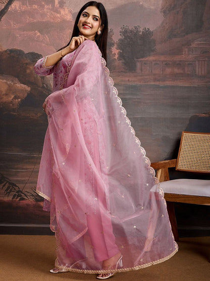 Dhiyona PD Women Floral Printed & Embroidered Organza Kurta & Trousers with Net Dupatta