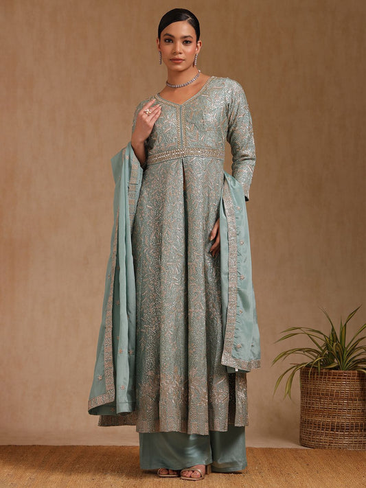 Dhiyona SO Women's Floral Embroidered V-Neck Empire Sequinned Anarkali Kurta With Palazzo & Dupatta
