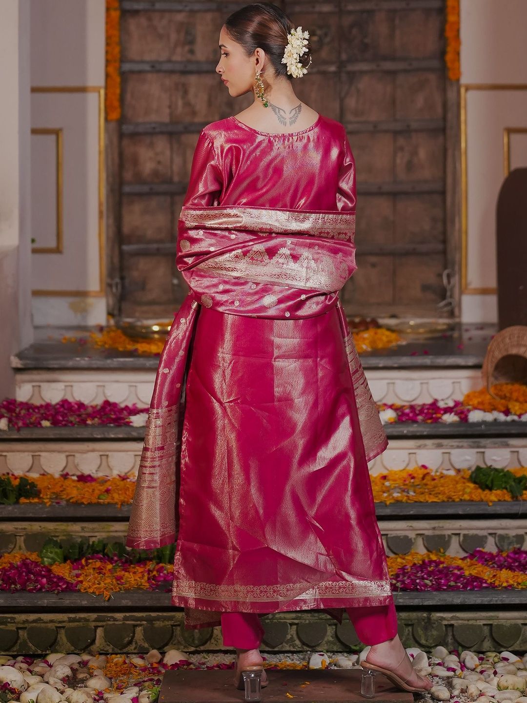 Women Solid Woven Design Regular Kurta with Trousers & With Dupatta