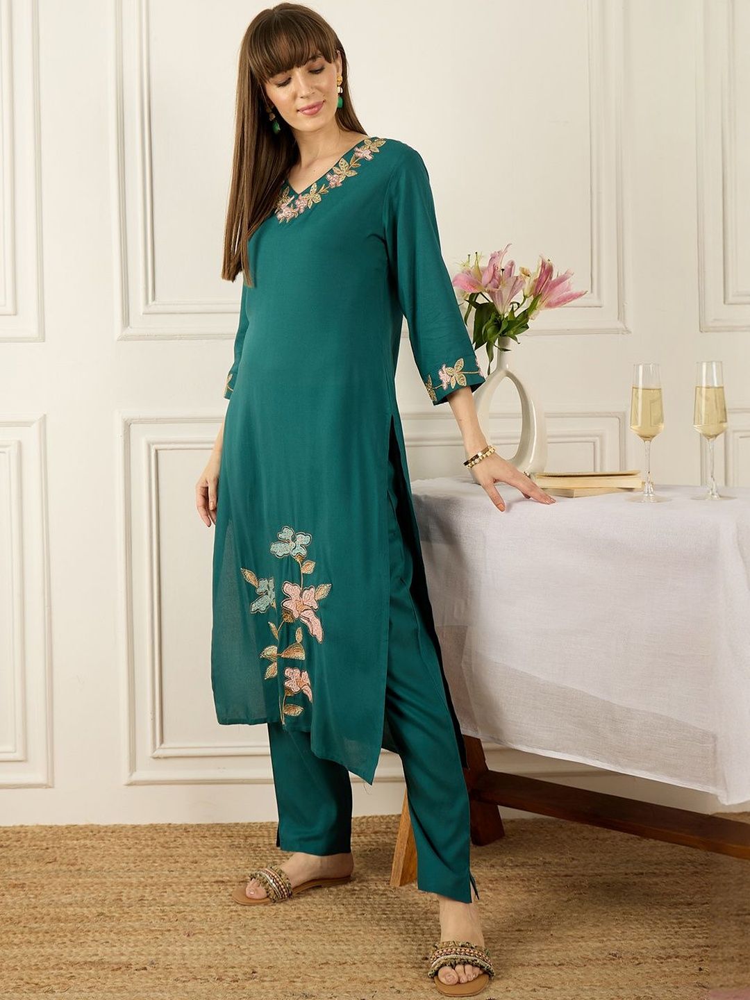 Floral Printed Thread Work Pure Cotton Kurta With Palazzos