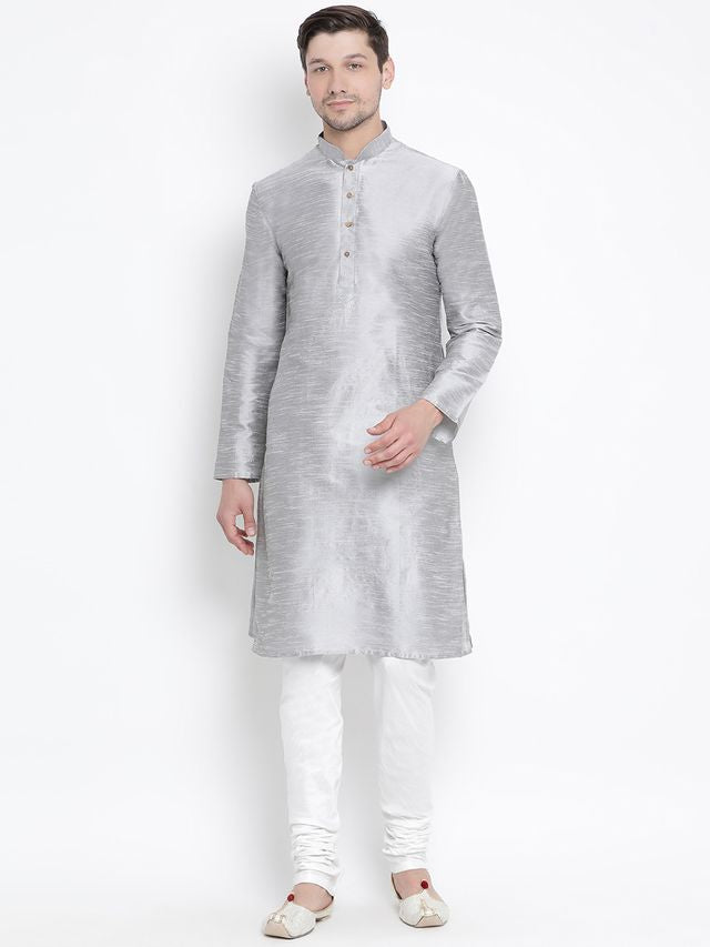 Men's Grey Silk Blend Straight Kurta Pyjama Set