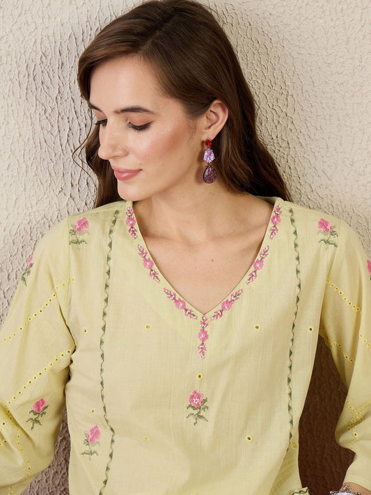 Dhiyona IE Embroidered Pure Cotton Tunic With Trousers Co-Ords