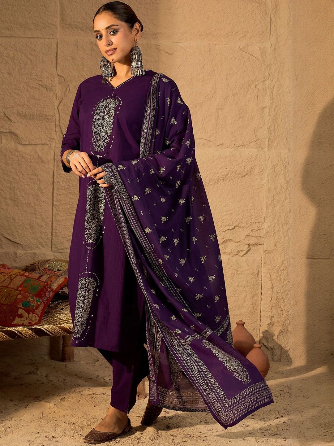 Floral Embroidered Mirror Work Pure Cotton Kurta With Trousers & Dupatta