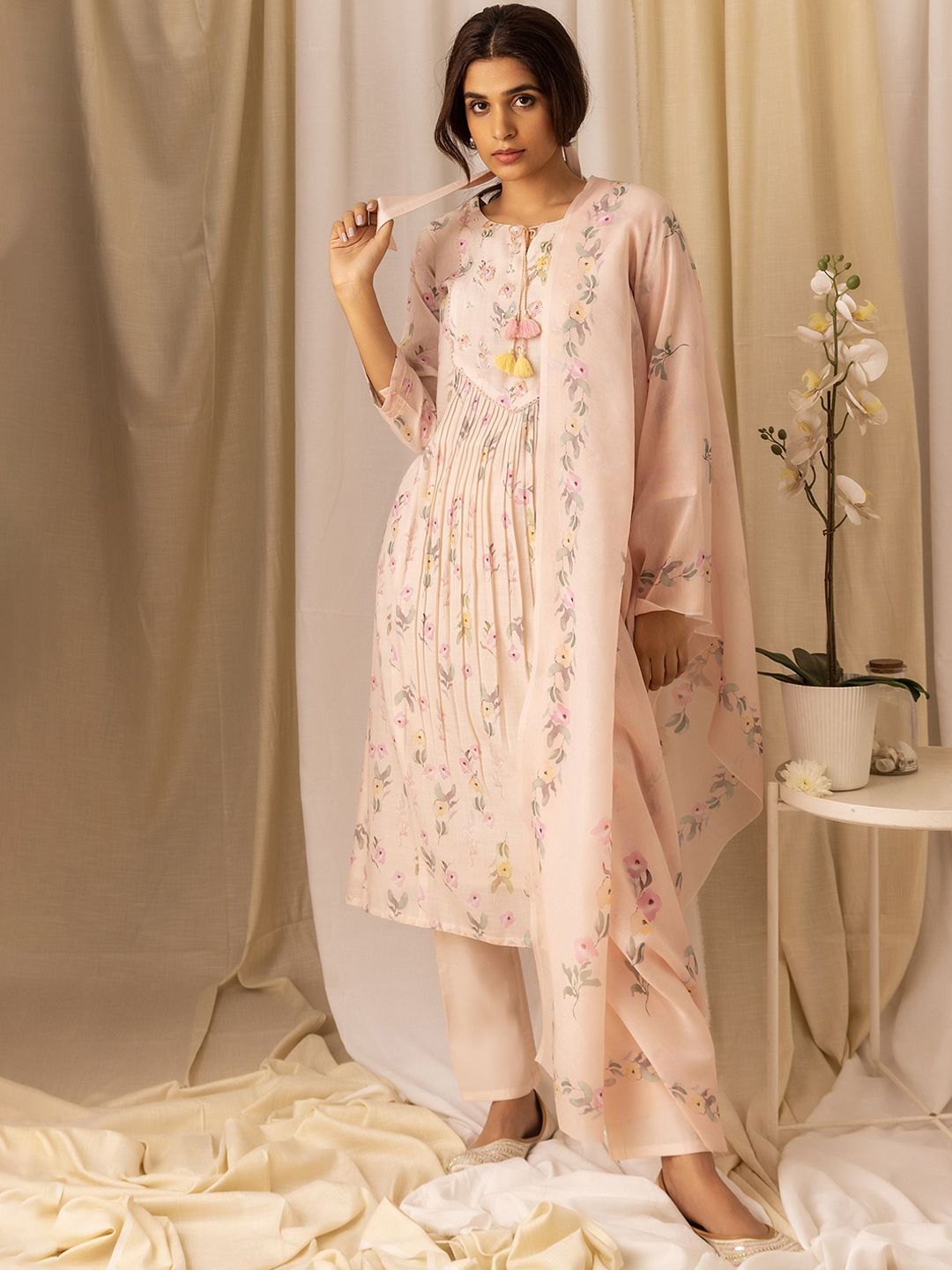 Dhiyona OD  Floral Printed Pleated Style A-Line Kurta With Trousers & Dupatta