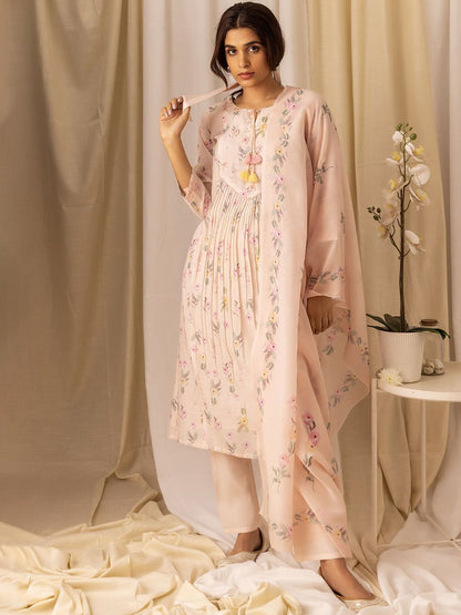 Dhiyona OD  Floral Printed Pleated Style A-Line Kurta With Trousers & Dupatta