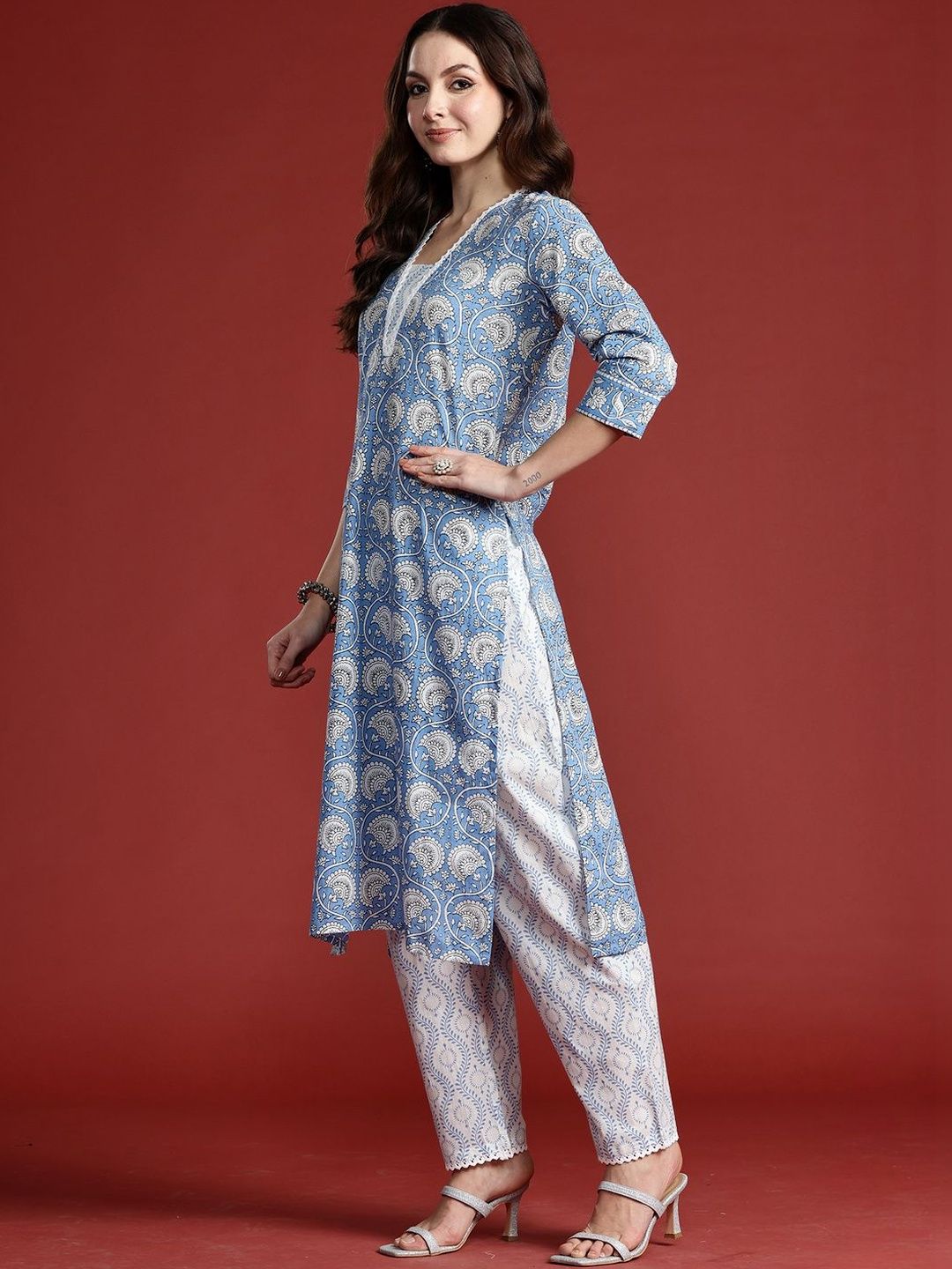 Women Ethnic Motifs Printed Regular Thread Work Pure Cotton Kurta with Trousers & With Dupatta