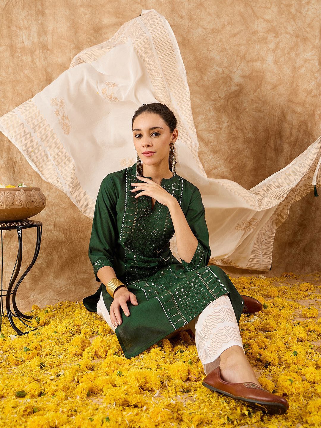 Ethnic Motifs Embroidered Straight Sequinned Kurta with Trousers & Dupatta