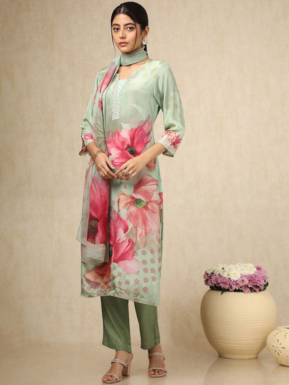 Dhiyona SO Women's Floral Printed Beads And Stones Mandarin Collar Straight Kurta With Trouser & Dupatta