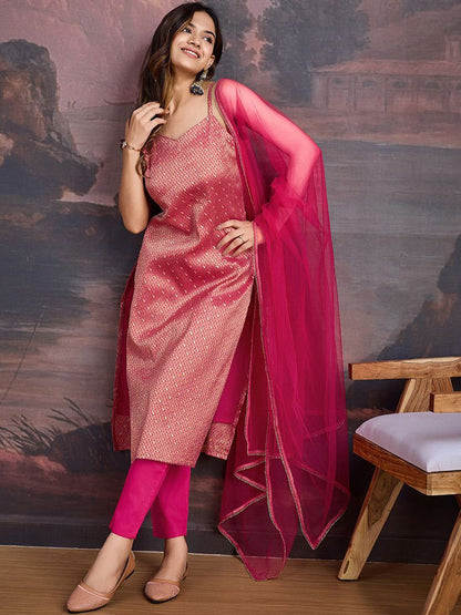 Dhiyona PD Women Paisley Woven Designed Shoulder Straps Kurta & Trousers With Dupatta