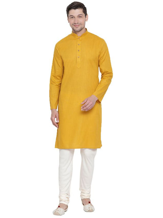 Men's Mustard Cotton Linen Straight Kurta Pyjama Set