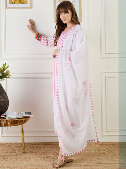 Women Striped Regular Straight Kurta With Trousers & Dupatta