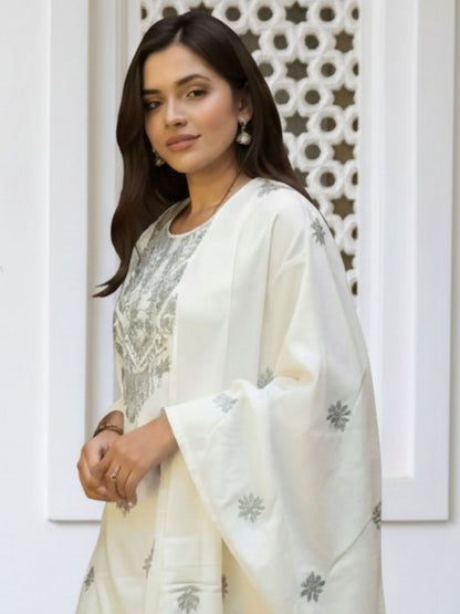 Women Ethnic Motifs Embroidered Regular Thread Work Pure Cotton Kurta with Trousers & With Dupatta