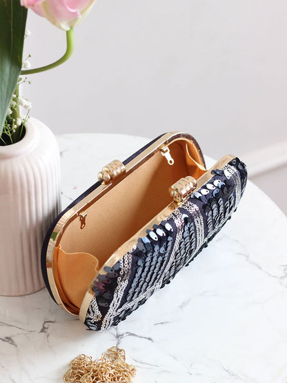 Dhiyona NR Floral Embroidered Sequinned Velvet Box Clutch