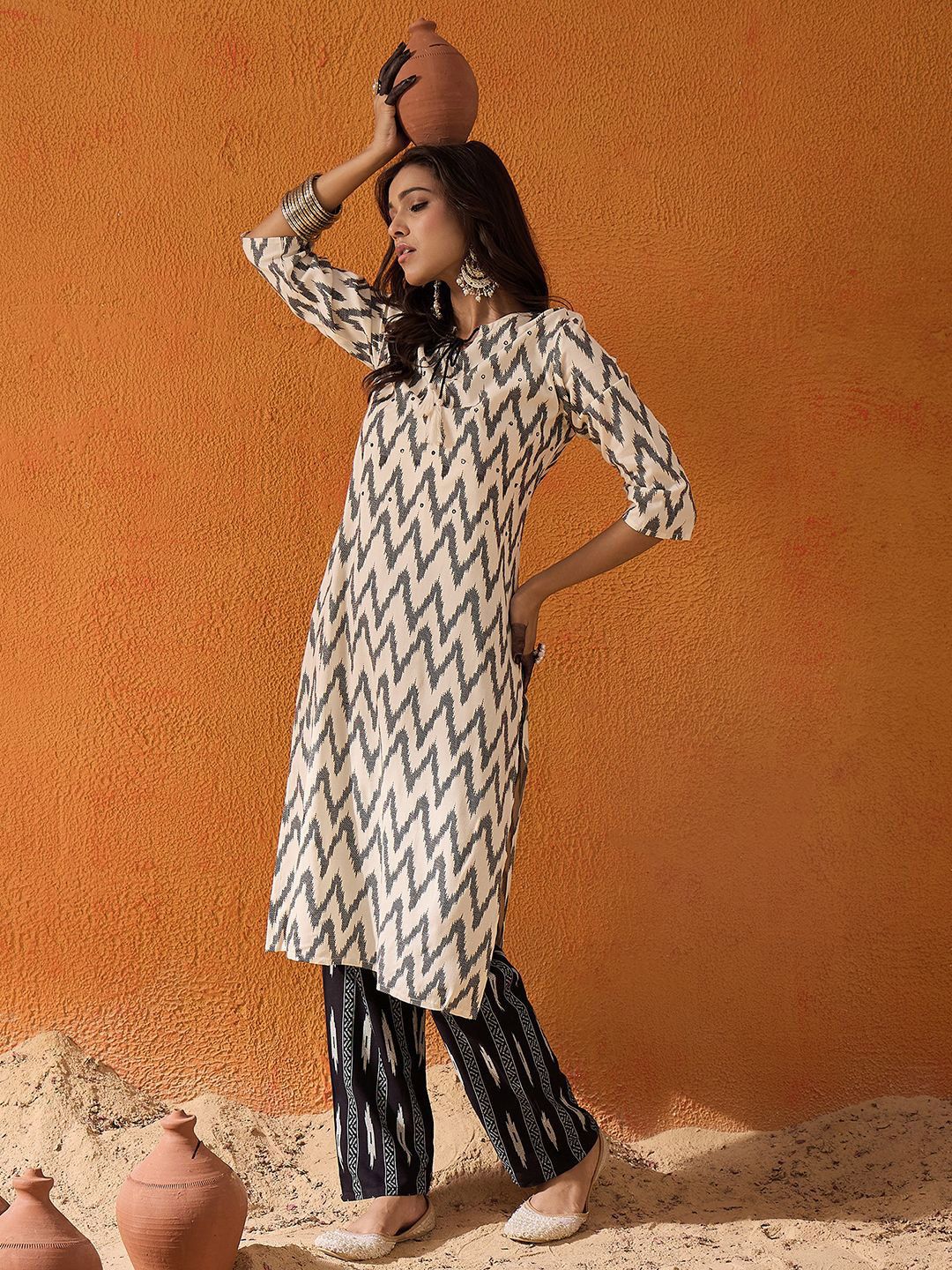 Dhiyona IE White Geometric Printed Tie Up Neck Liva Kurta with Trousers