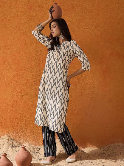 Dhiyona IE White Geometric Printed Tie Up Neck Liva Kurta with Trousers
