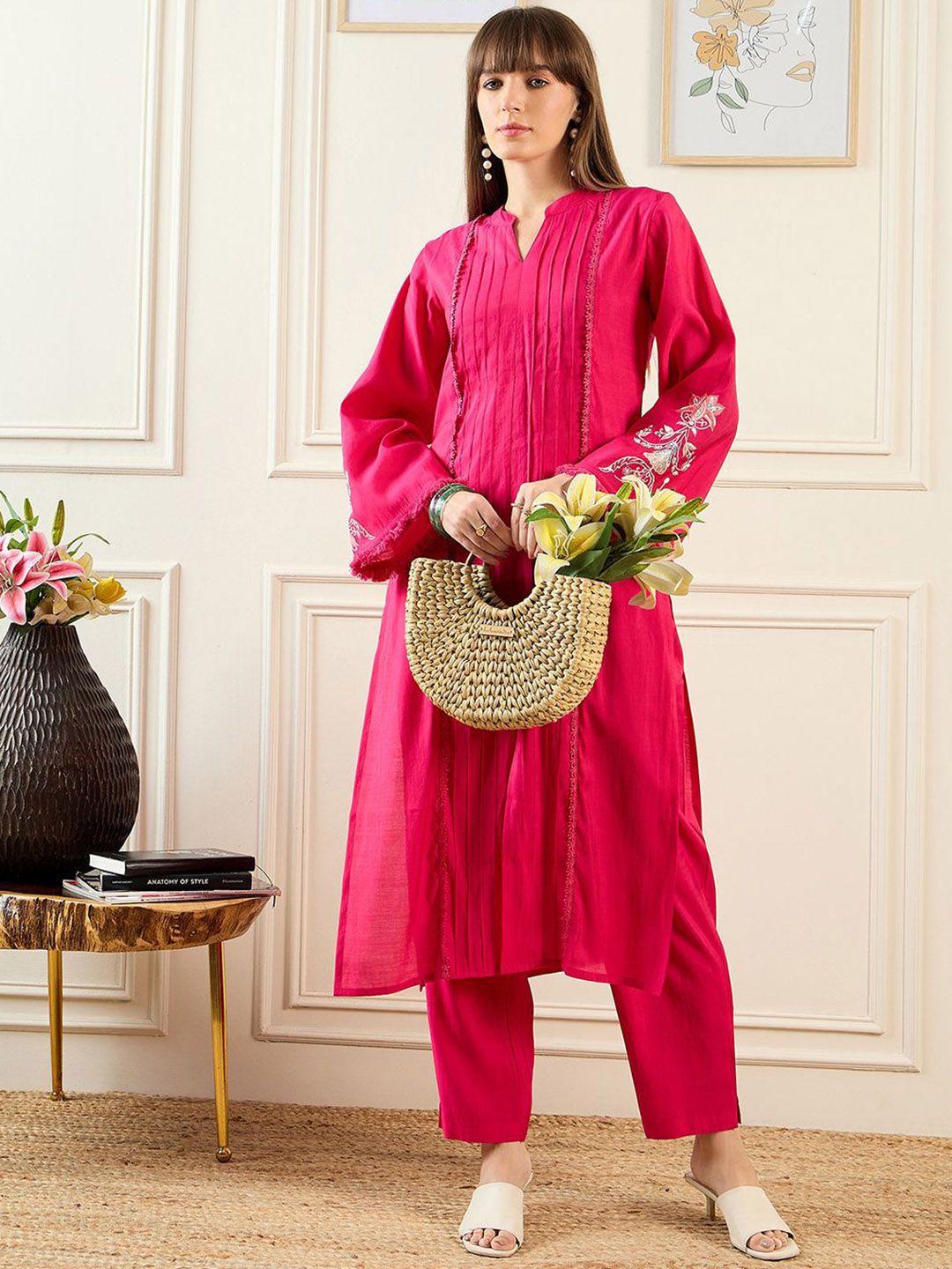 Self Design Mandarin Collar Bell Sleeves Straight Kurta With Trousers