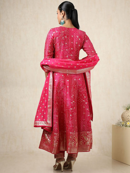 Dhiyona SO Women's Bandhani Printed Thread Work A-Line Kurta With Trousers And Dupatta