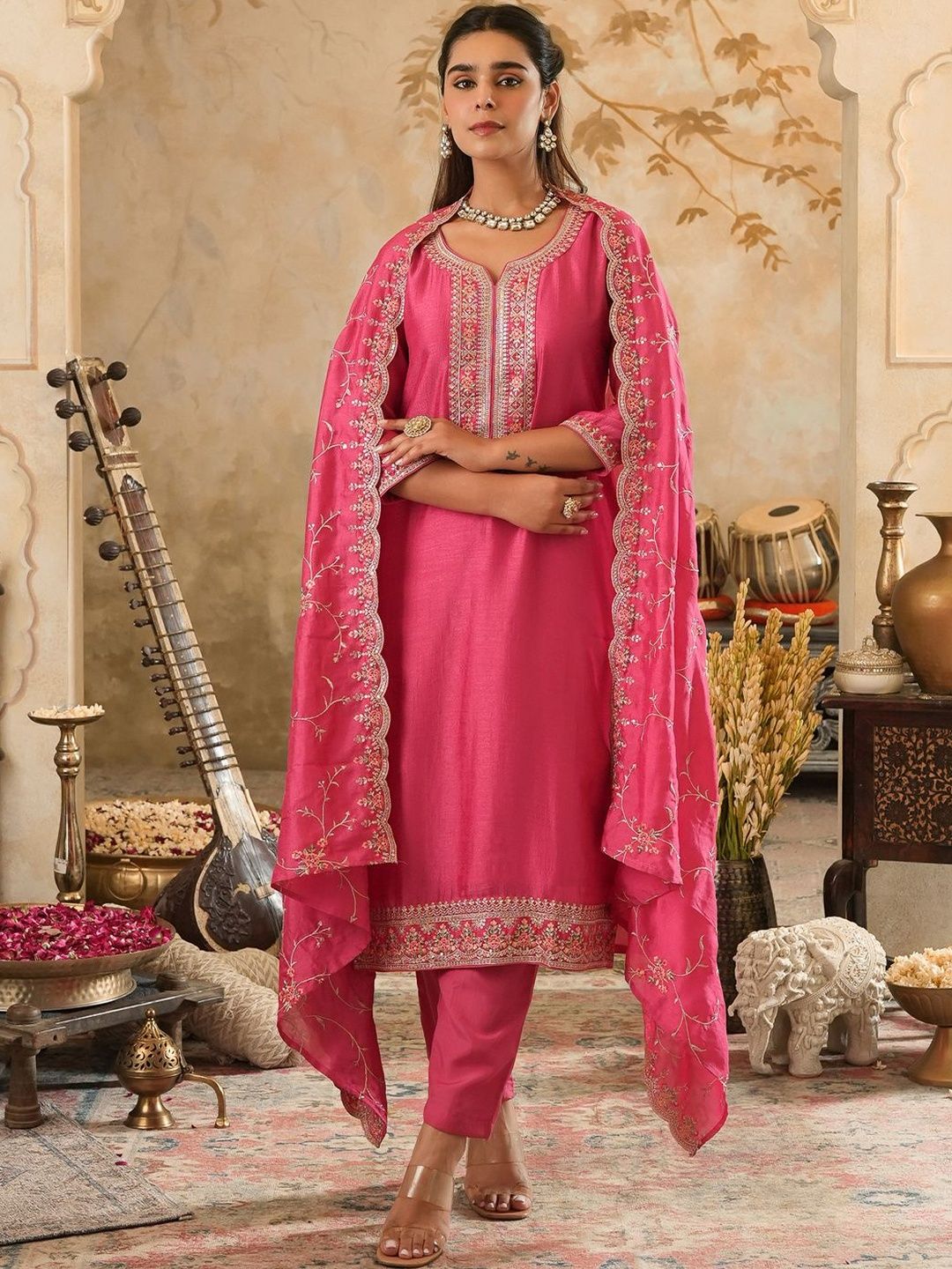 Dhiyona IE Embroidered Thread Work Kurta with Palazzo & With Dupatta