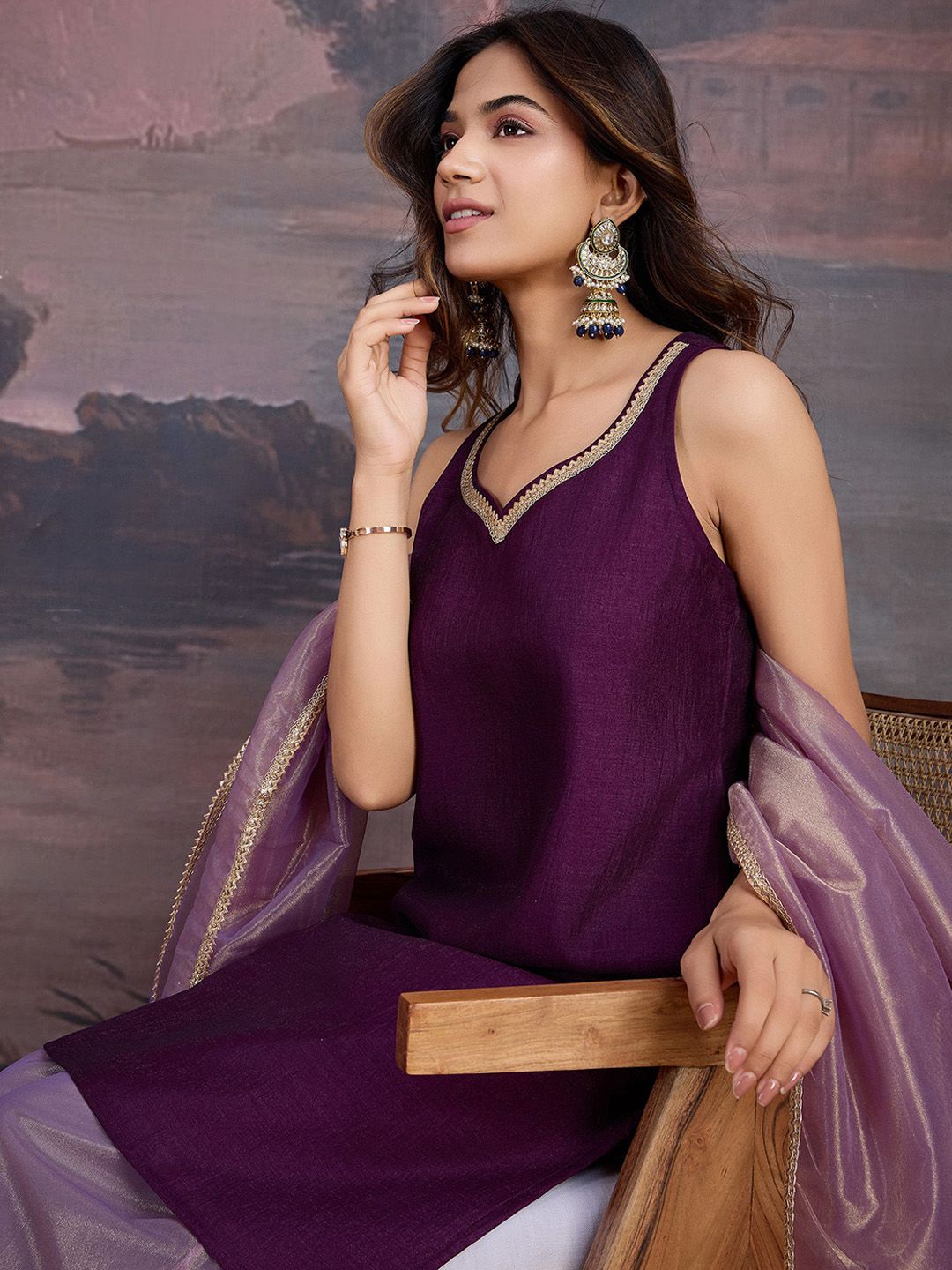Dhiyona PD Women Gotta Patti Sweetheart Neck Sleeveless Kurta And Palazzo With Dupatta