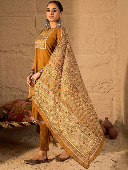 Floral Embroidered Mirror Work Pure Cotton Kurta With Trousers & Dupatta