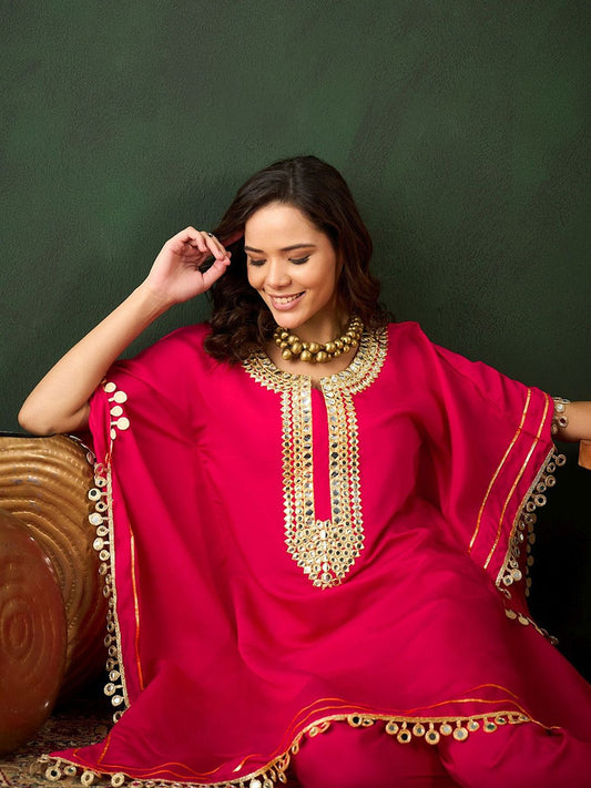 Dhiyona SN Women's Fuchsia Geometric Embroidered Round Neck Mirror Work Kaftan With Trousers