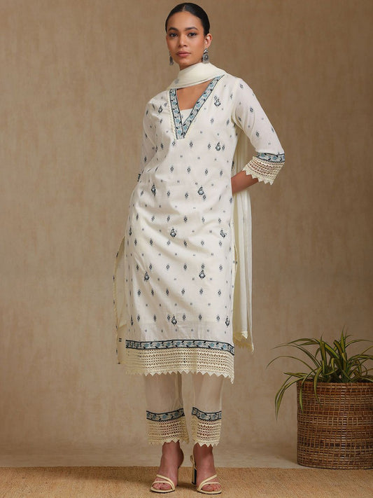 Dhiyona SO Women's Floral Printed Square Neck Thread Work Cotton Straight Kurta With Trousers & Dupatta