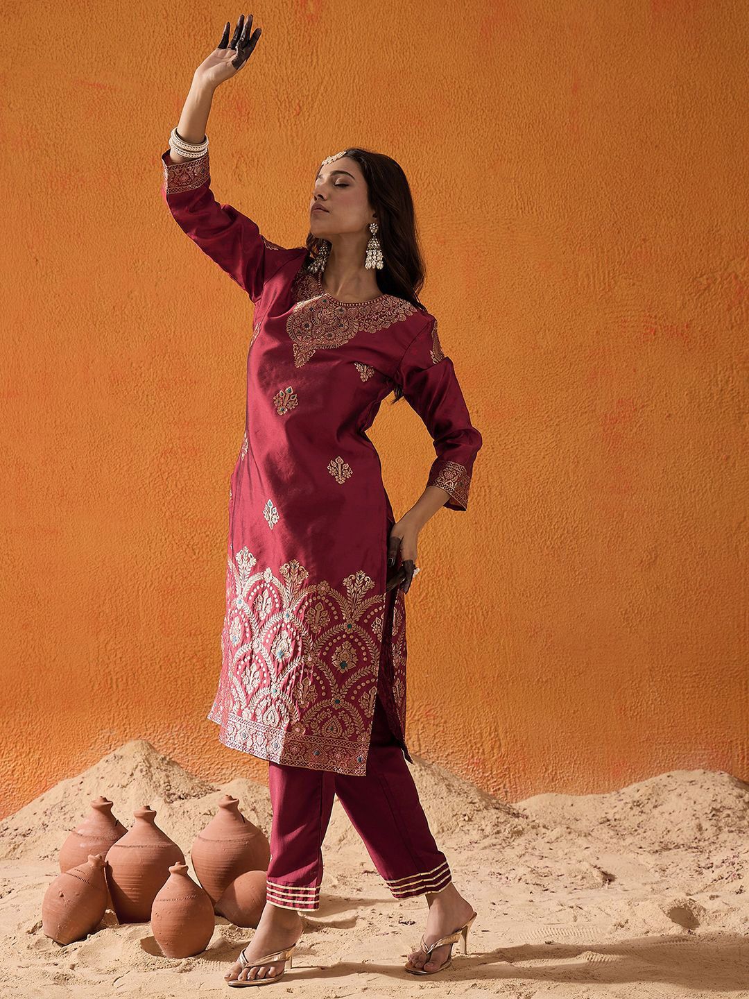 Maroon Floral Woven Design Straight Kurta with Trousers