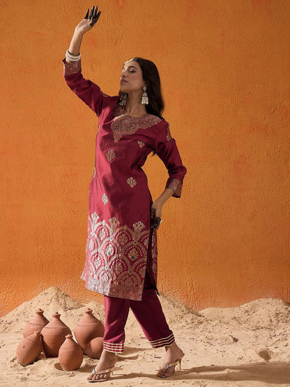 Maroon Floral Woven Design Straight Kurta with Trousers