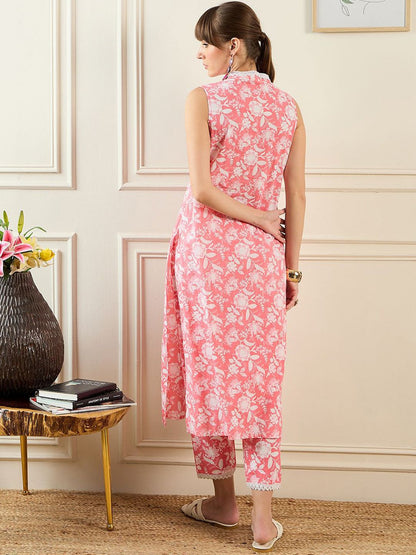 Dhiyona IE Floral Printed V-Neck Pure Cotton Tunic With Trouser