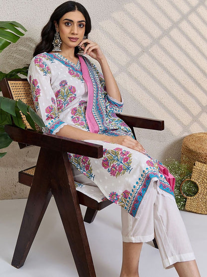 Women Floral Printed Regular Pure Cotton Kurta with Trousers & With Dupatta