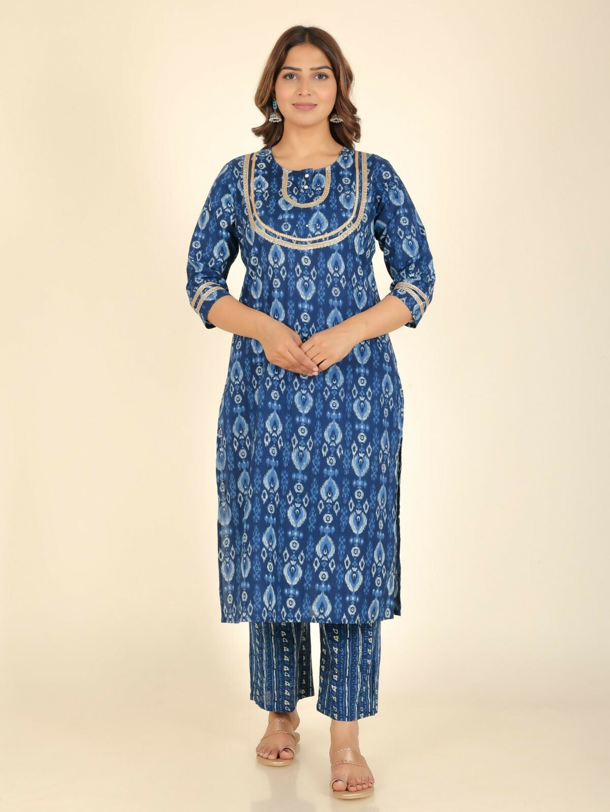 Women's Straight Soft Cotton Ikat Print Women's Kurta - Blue