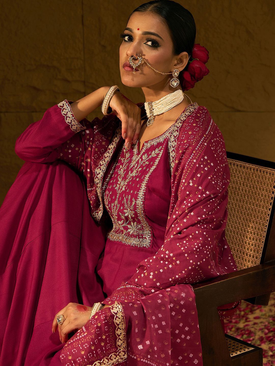 Dhiyona IE Ethnic Motifs Embroidered Zari A-Line Kurta With Trousers & Dupatta