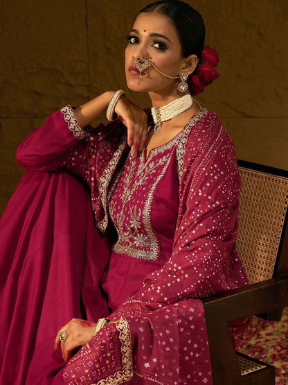 Dhiyona IE Ethnic Motifs Embroidered Zari A-Line Kurta With Trousers & Dupatta