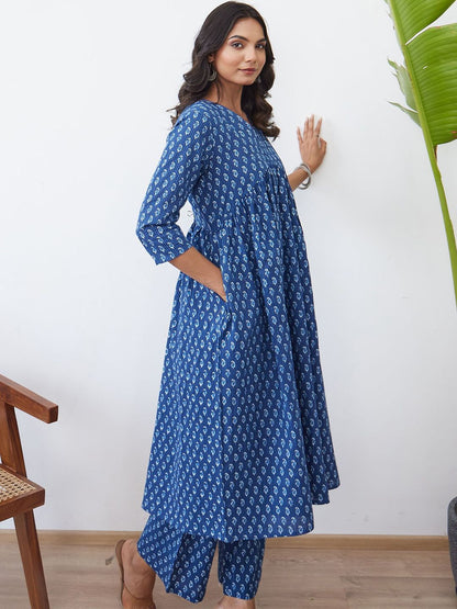 Dhiyona IE Printed V-Neck Pure Cotton A-Line Tunic With Palazzo