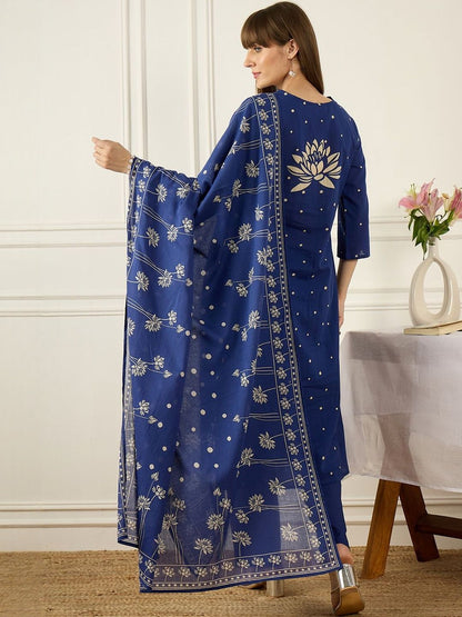 Women Floral Printed Regular Thread Work Pure Cotton Kurta with Trousers & With Dupatta