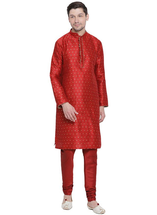 Men's Maroon Silk Blend Straight Kurta Pyjama Set