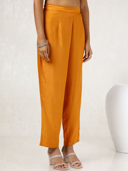 Dhiyona SO Women's Orange Floral Printed Round Neck Regular Sequinned Tissue Kurta & Trouser & Dupatta