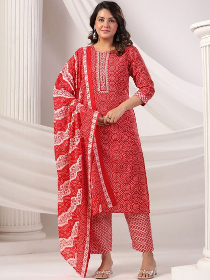 Women Bandhani Printed Regular Thread Work Pure Cotton Kurta with Trousers & With Dupatta
