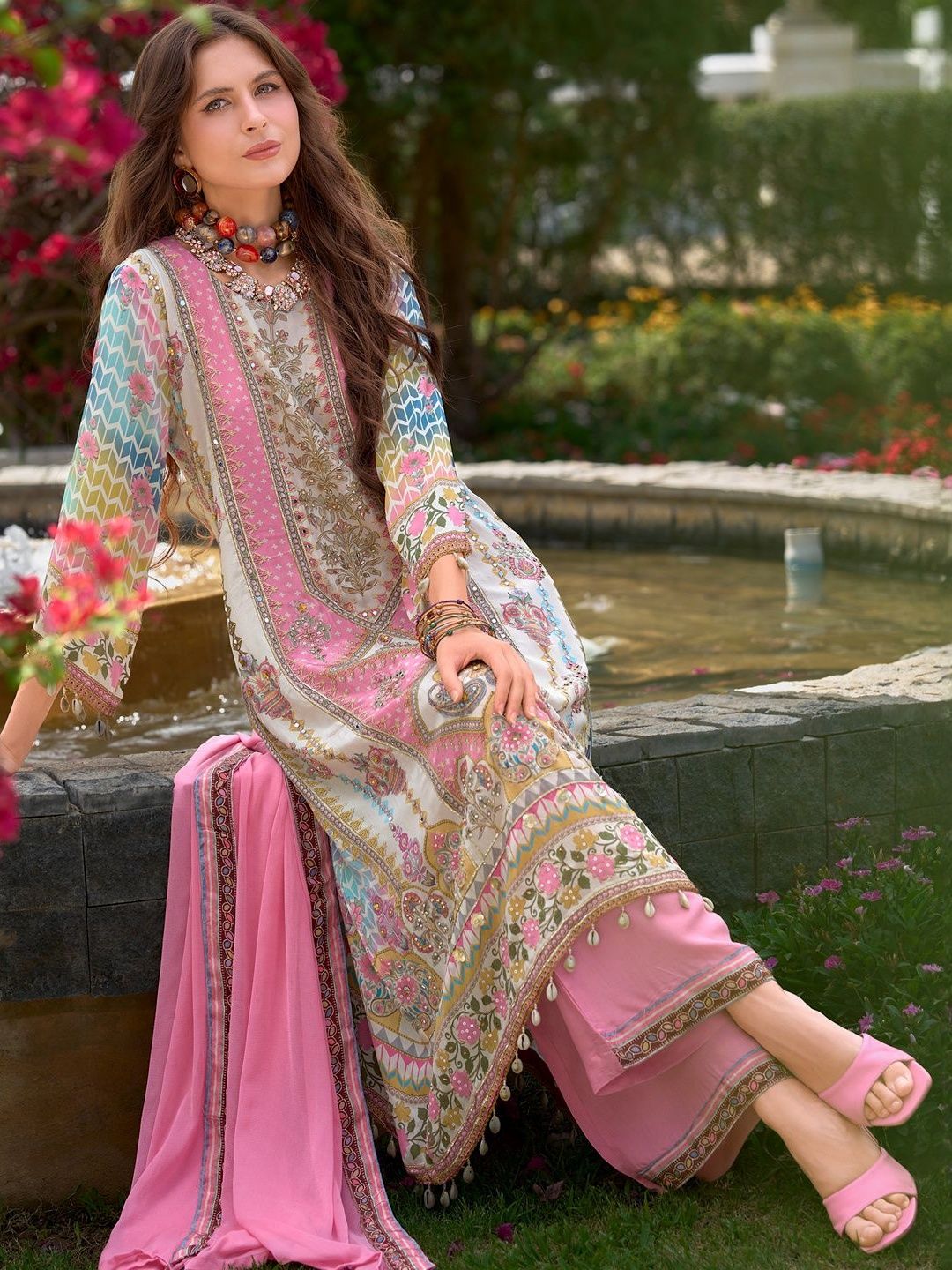 Ethnic Motifs Printed Mirror Work Liva Kurta With Trouser & Dupatta