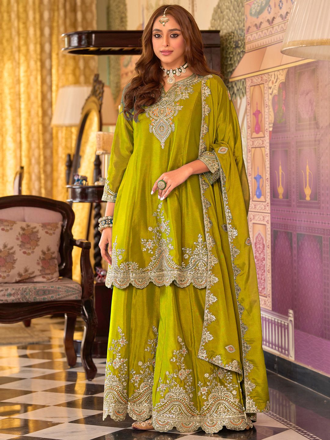 Ethnic Motifs Embroidered V-Neck Sequinned Kurta With Sharara & Dupatta