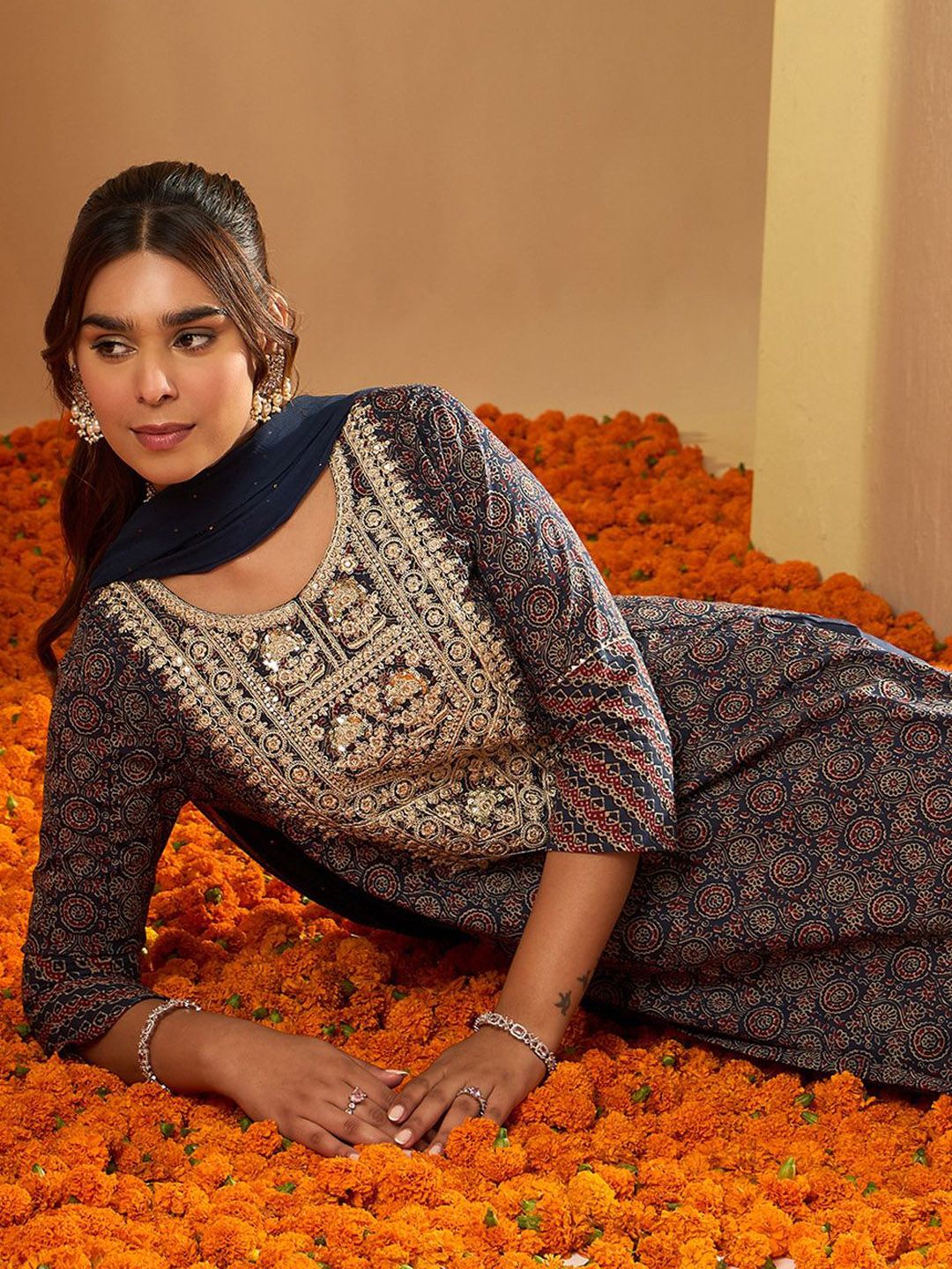 Ethnic Motifs Printed Pure Cotton Straight Kurta With Trousers & Dupatta