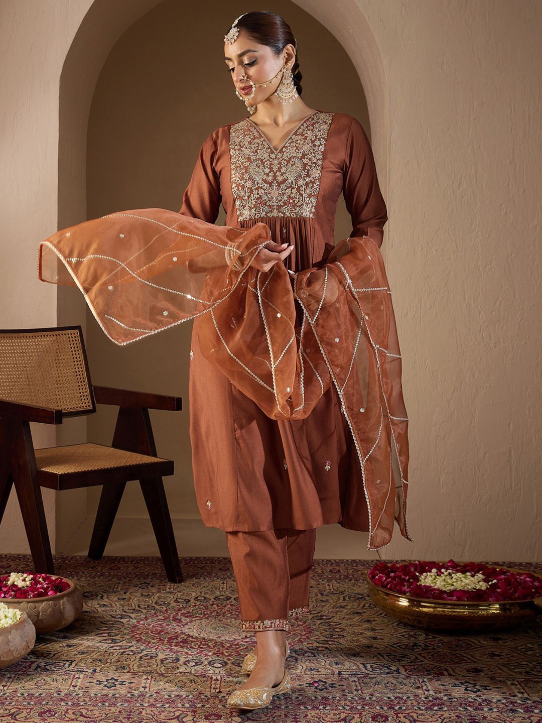 Dhiyona IE Women Ethnic Motifs Embroidered Regular Liva Kurta with Trousers & With Dupatta