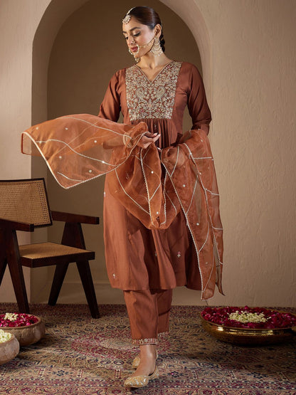 Women Ethnic Motifs Embroidered Regular Liva Kurta with Trousers & With Dupatta
