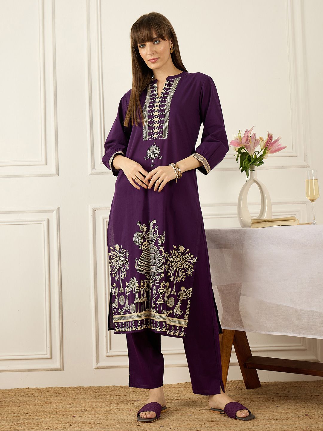 Dhiyona IE Women Ethnic Motifs Printed Regular Pure Cotton Kurta with Trousers