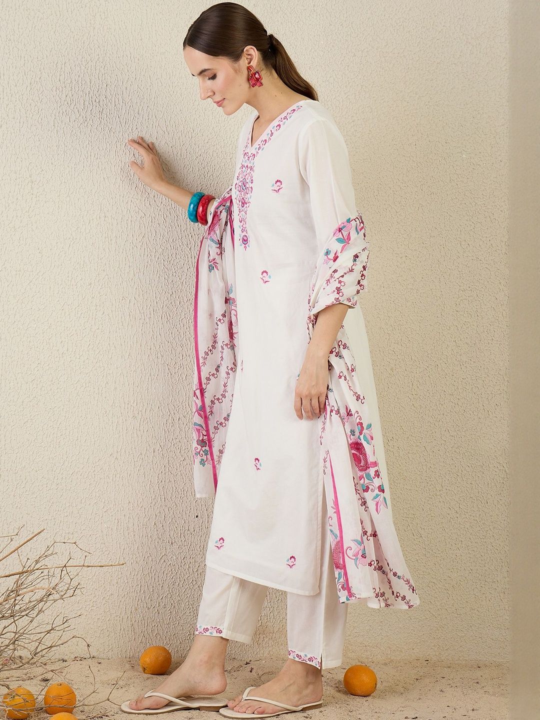 Ethnic Motifs Embroidered Thread Work Pure Cotton Kurta With Trouser & Dupatta