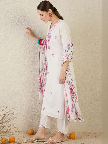 Ethnic Motifs Embroidered Thread Work Pure Cotton Kurta With Trouser & Dupatta