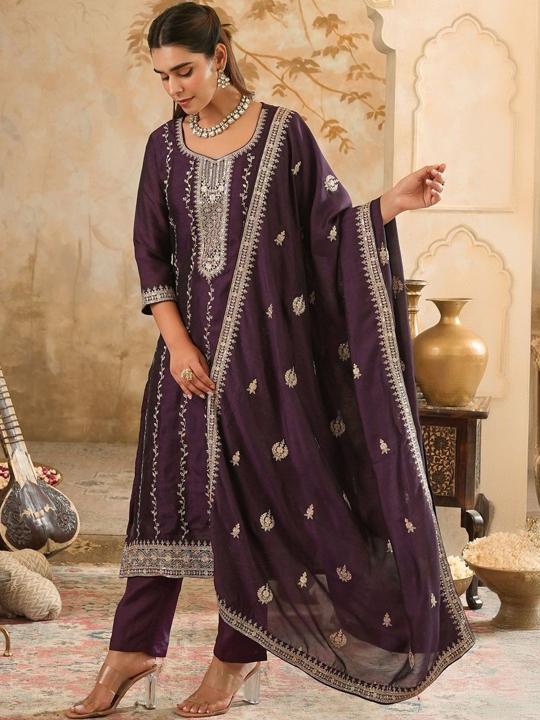 Women Ethnic Motifs Embroidered Regular Thread Work Kurta with Trousers & With Dupatta